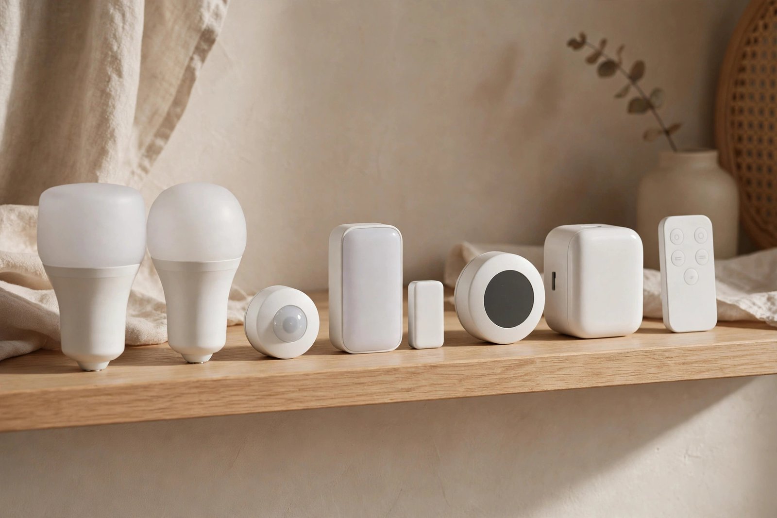 IKEA 2026 smart home lineup on a shelf: KAJPLATS smart bulbs, motion sensor, door and window sensor, temperature sensor puck, GRILLPLATS smart plug, and BILRESA remote control