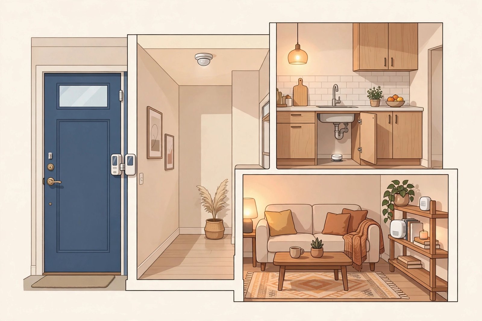Home interior illustration showing smart sensor placement: motion sensor in a hallway, door sensor on the front door, water leak sensor under the kitchen sink, and air quality sensor on a living room shelf