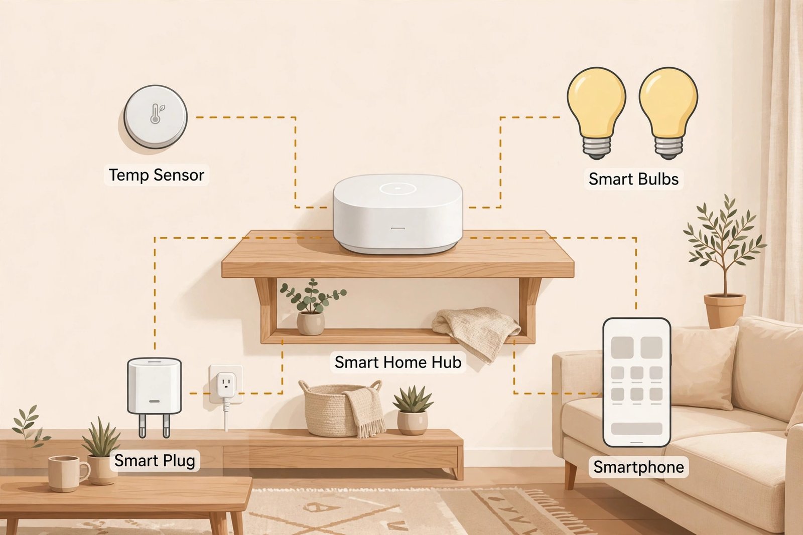 Illustration of an IKEA DIRIGERA smart home hub connecting wirelessly to a smartphone, smart bulbs, a temperature sensor, and a smart plug