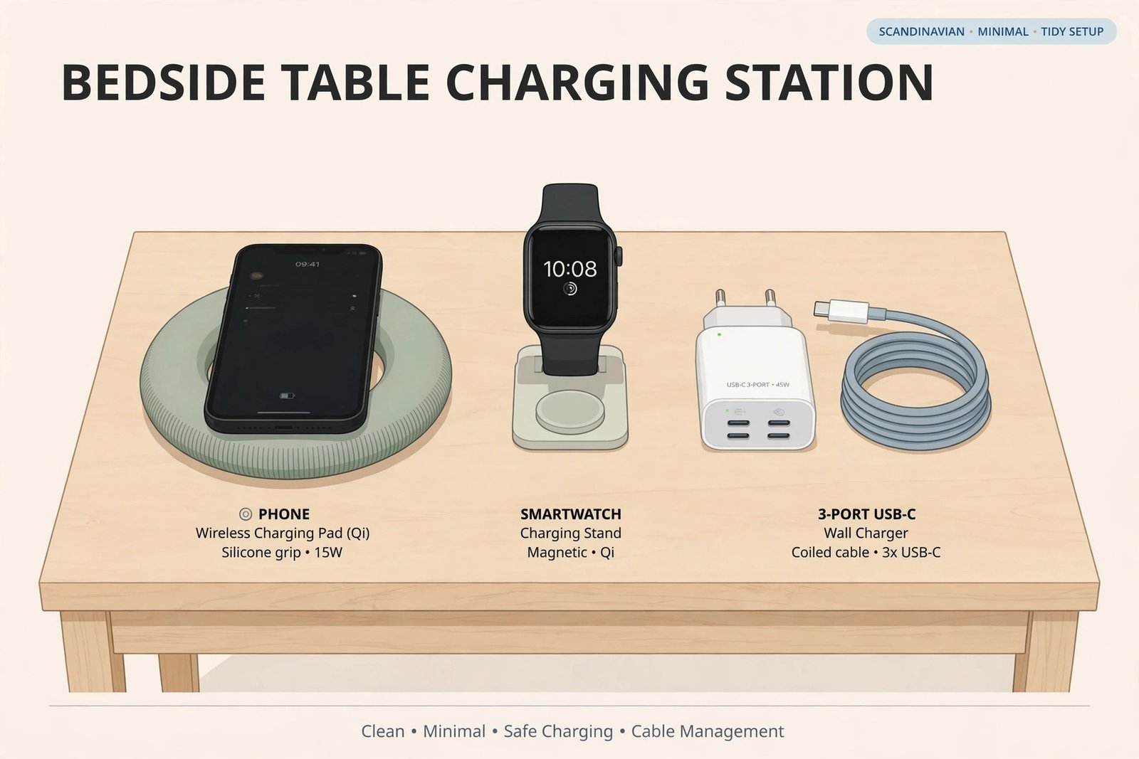Illustration of a bedside charging station with a round wireless charging pad, smartwatch stand, and three-port USB charger