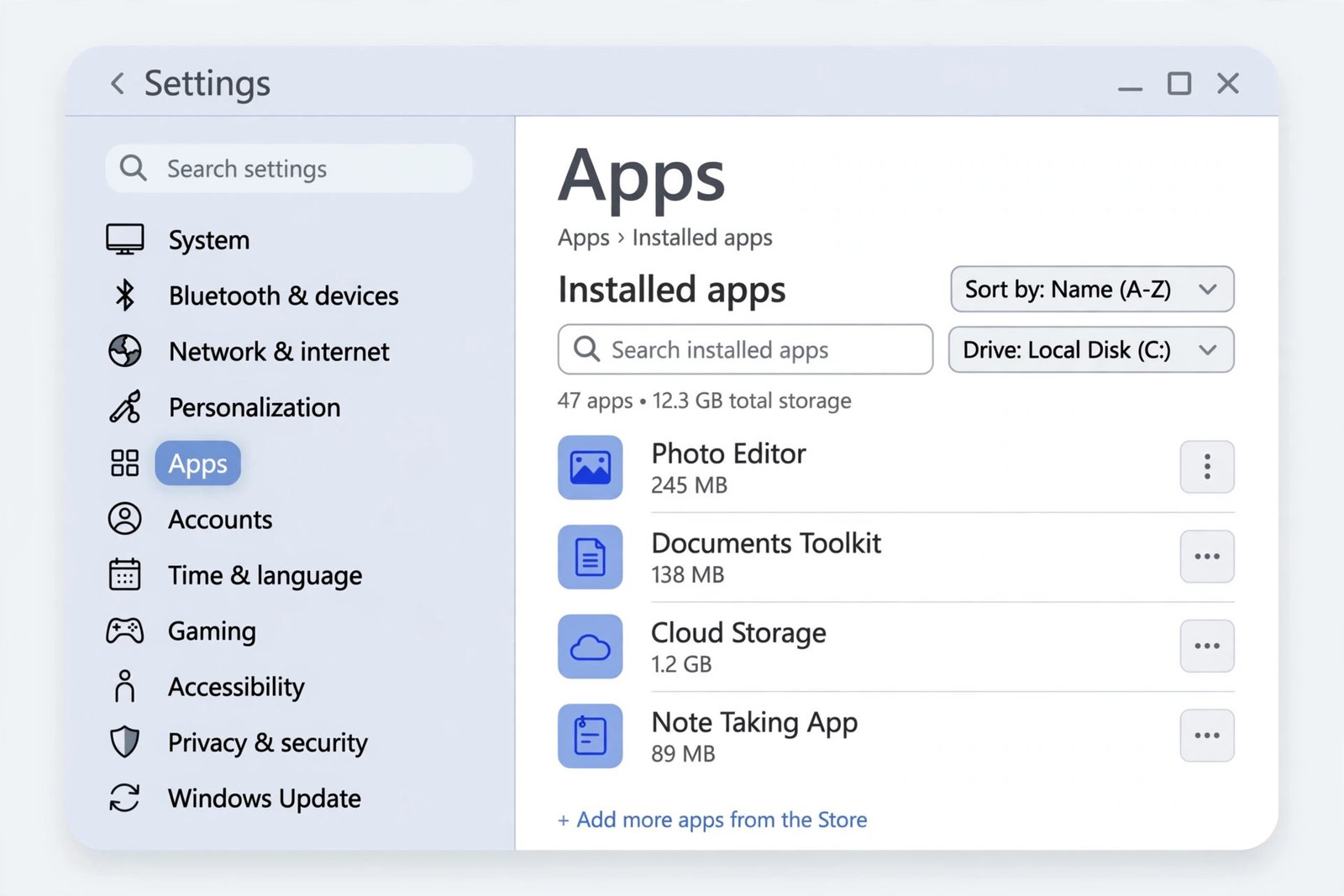 Windows 11 Settings Installed apps page listing apps with icons, sizes, and three-dot menus