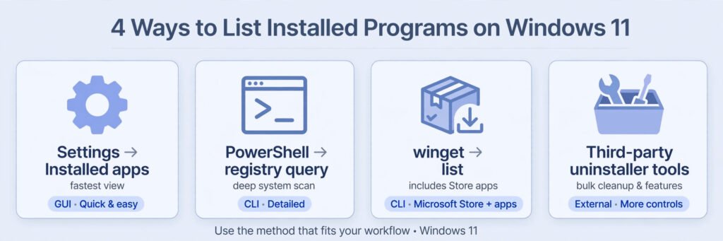 Infographic comparing four ways to list installed programs on Windows 11: Settings, PowerShell, winget, and third-party tools