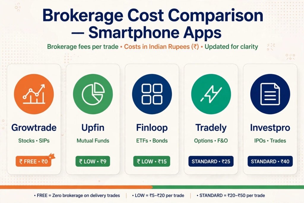 Comparison chart of brokerage charges across Groww, Zerodha, Angel One, Upstox, and mStock in India