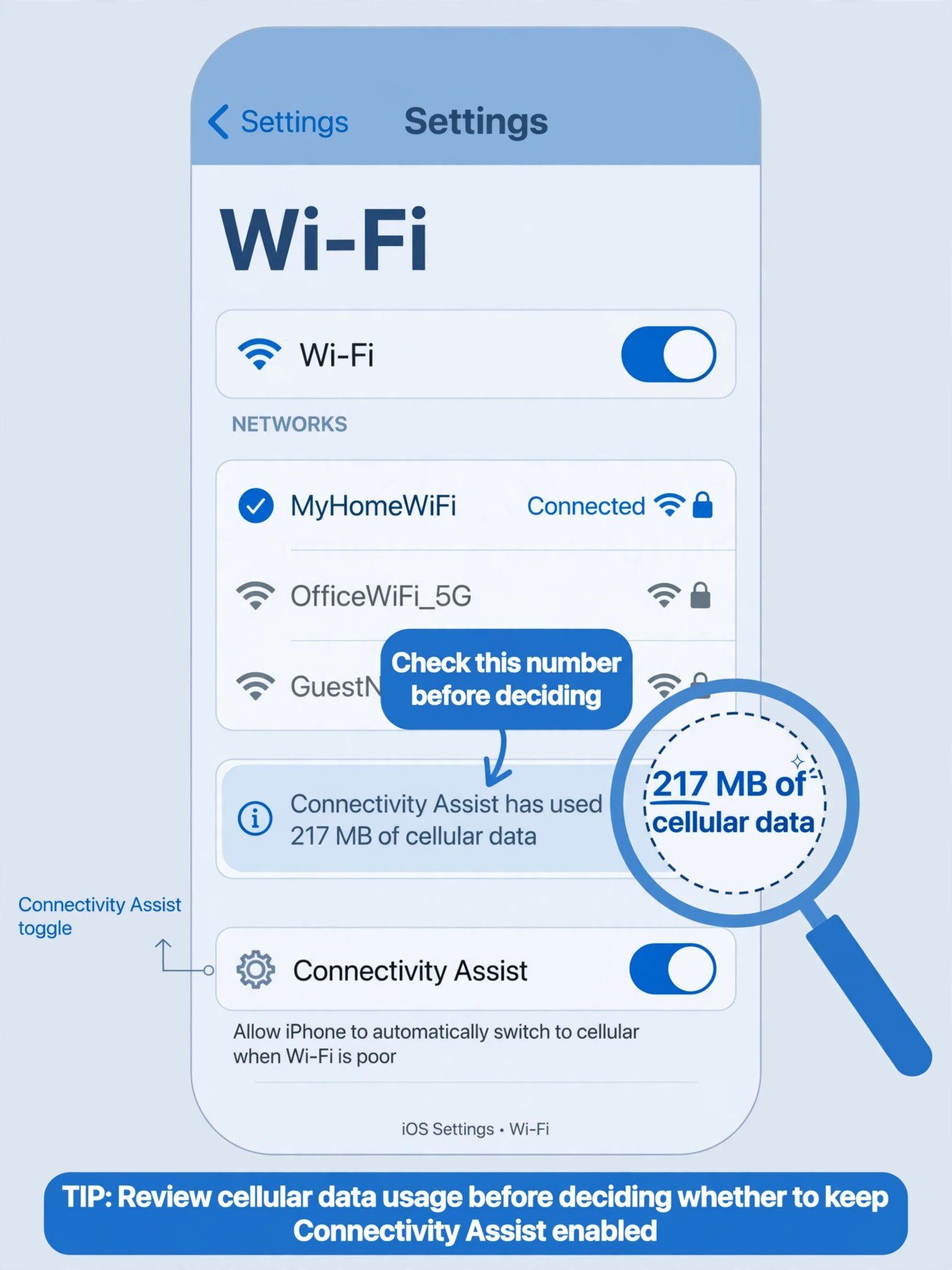 Annotated diagram highlighting the cellular data usage readout under the Connectivity Assist toggle in the iPhone Wi-Fi settings page