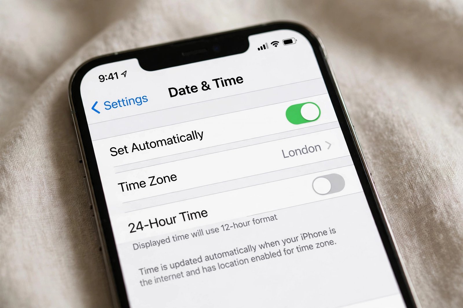 iPhone Date and Time settings screen with the Set Automatically toggle switched on