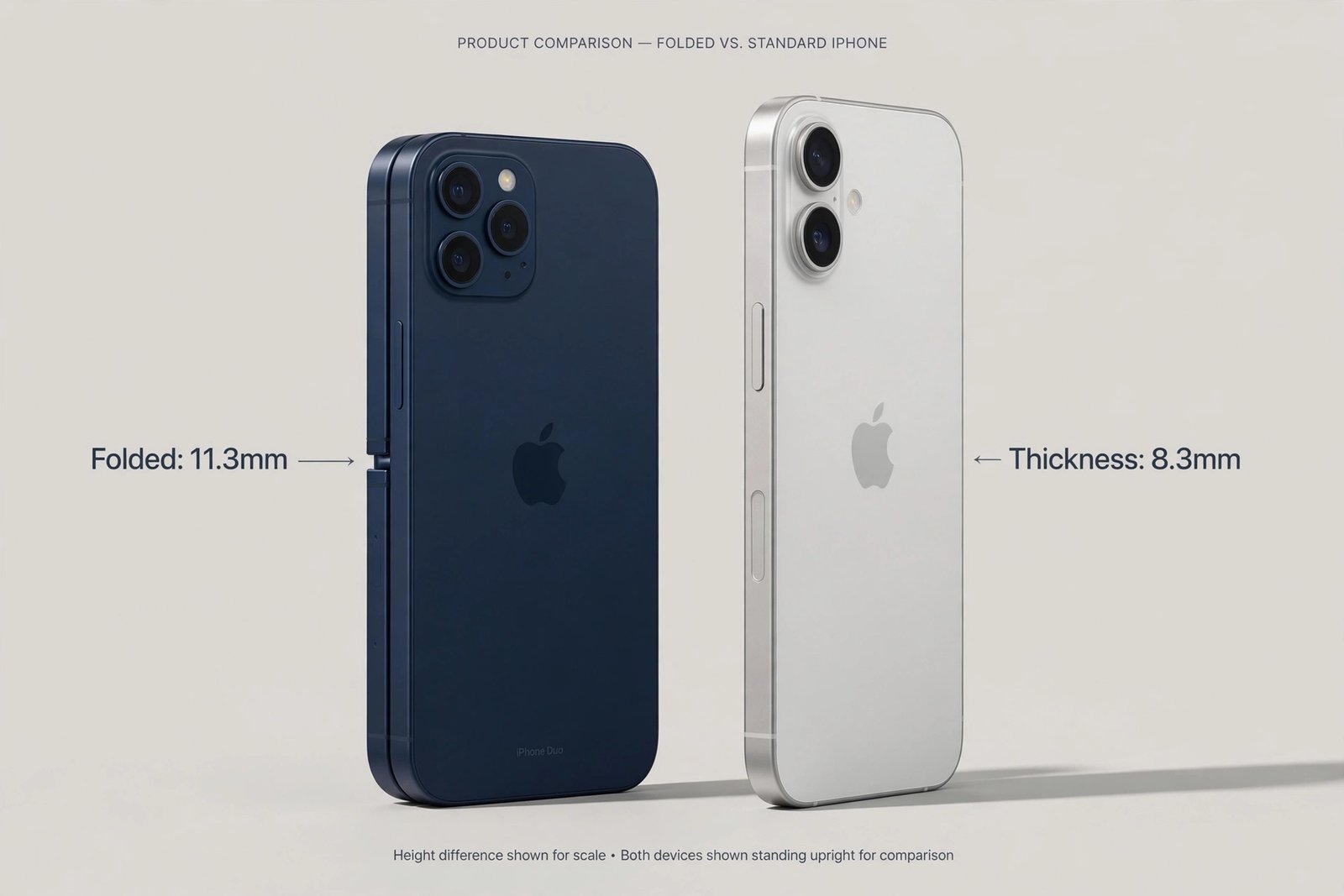 Folded iPhone Duo placed beside a standard iPhone for size comparison