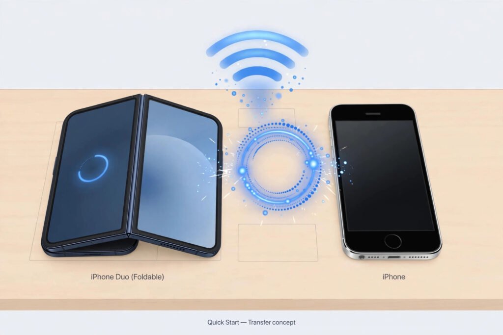 Diagram showing two iPhones placed next to each other with the Quick Start pairing animation on screen