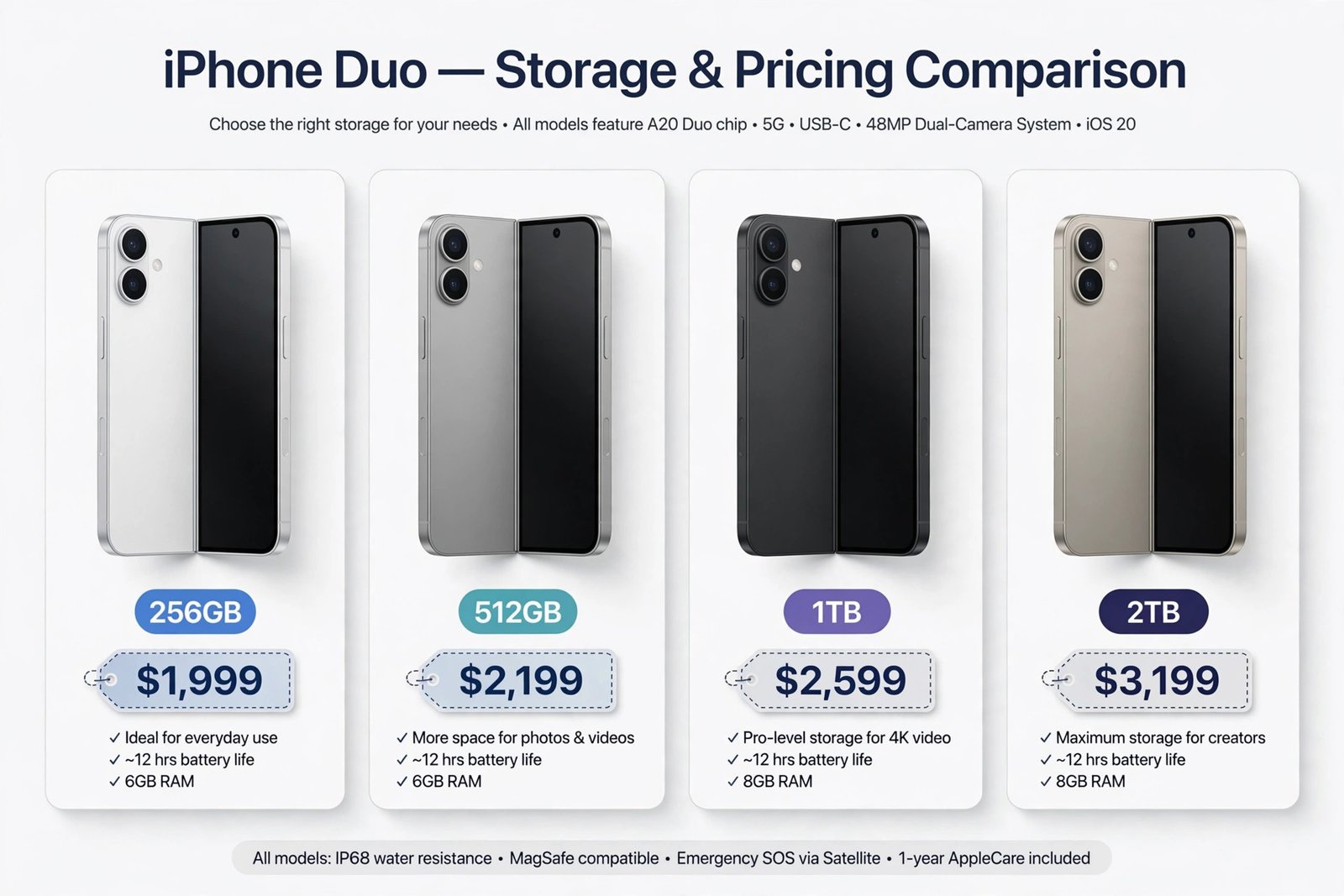 Visual comparison of the four iPhone Duo storage tiers and their prices
