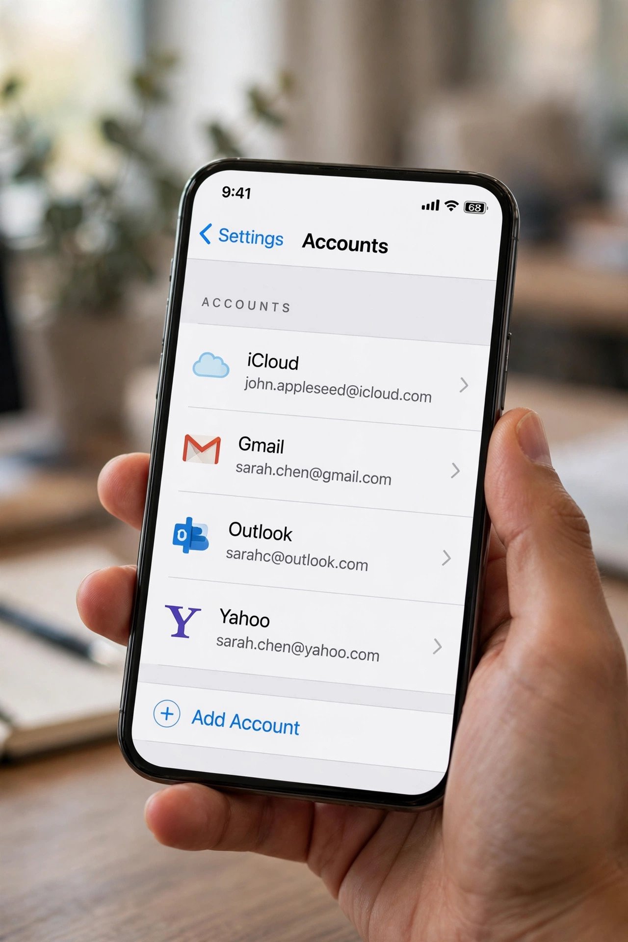 iPhone Mail accounts screen showing the account settings used to remove and re-add a mailbox