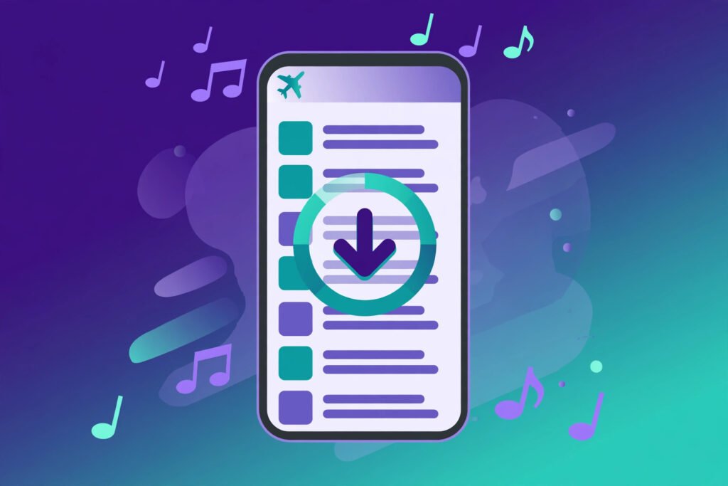 iPhone showing a music app with a download button, a download progress ring, and an airplane mode icon for offline listening