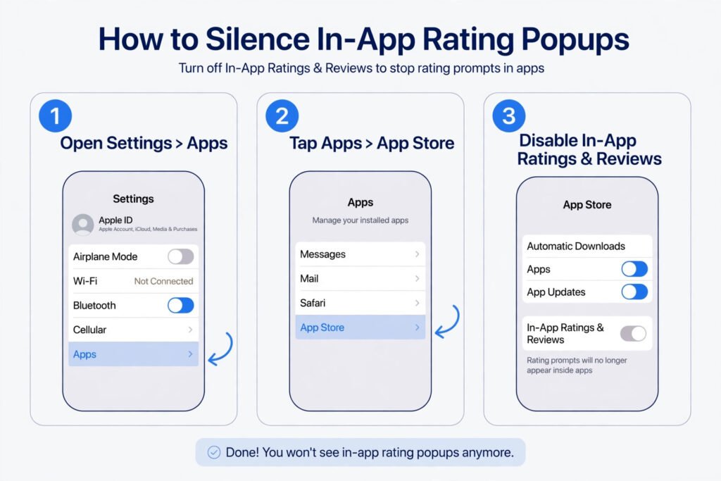 Three panel diagram showing the Settings to Apps to App Store path with the In-App Ratings and Reviews toggle switched off