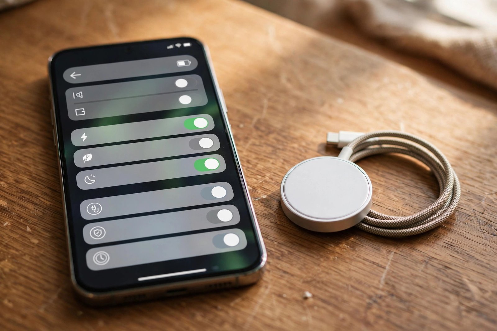 Close-up of iPhone battery settings screen showing charging options and power mode toggles