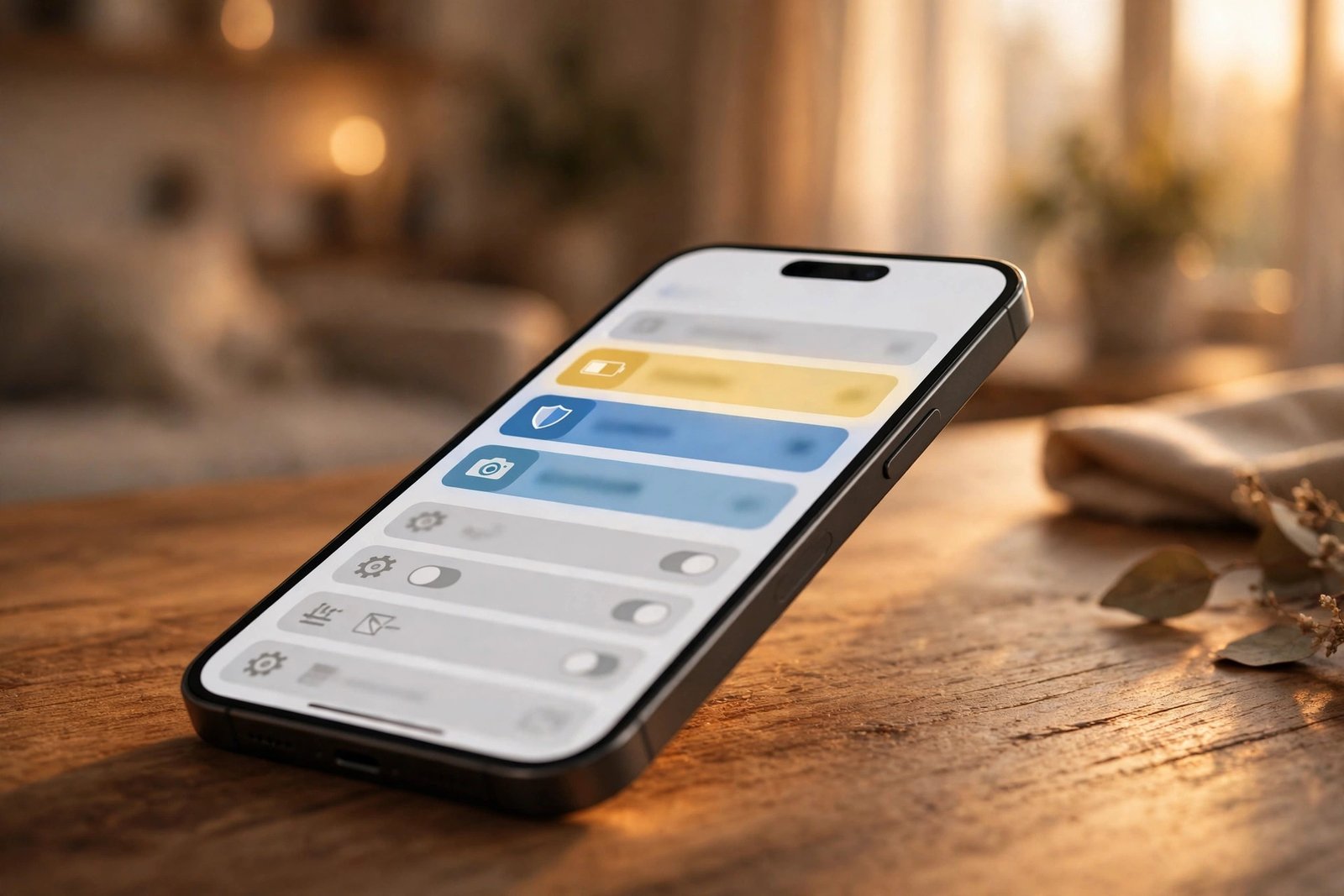 iPhone displaying the Settings app with battery, privacy and camera sections highlighted, warm evening light