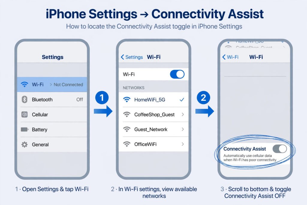 Annotated diagram showing the iPhone Settings path to the Connectivity Assist toggle: open Settings, tap Wi-Fi, scroll to the bottom, toggle Connectivity Assist off