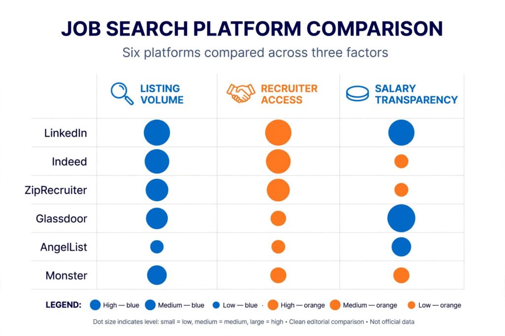 Matrix chart comparing job search sites by listing volume, recruiter access, and salary transparency