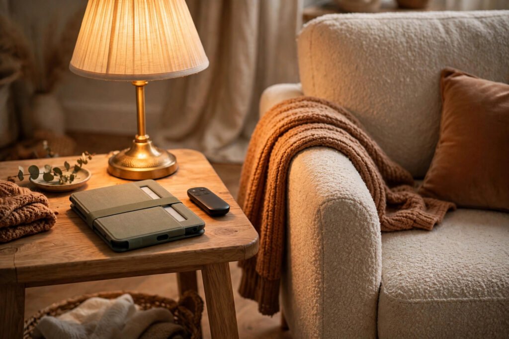 E-reader with case and page-turn remote in a cozy reading nook