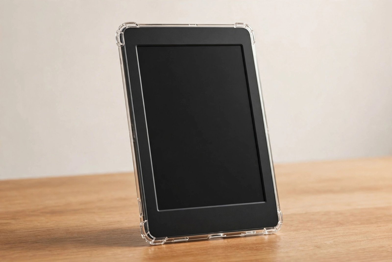 E-reader in a clear protective case on a desk