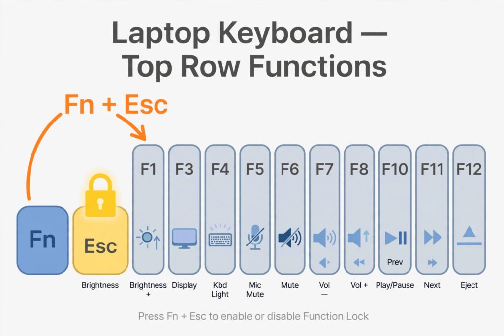 Diagram of a laptop keyboard top row showing the Fn key, Esc key with lock icon, and media icons versus F1 to F12 labels