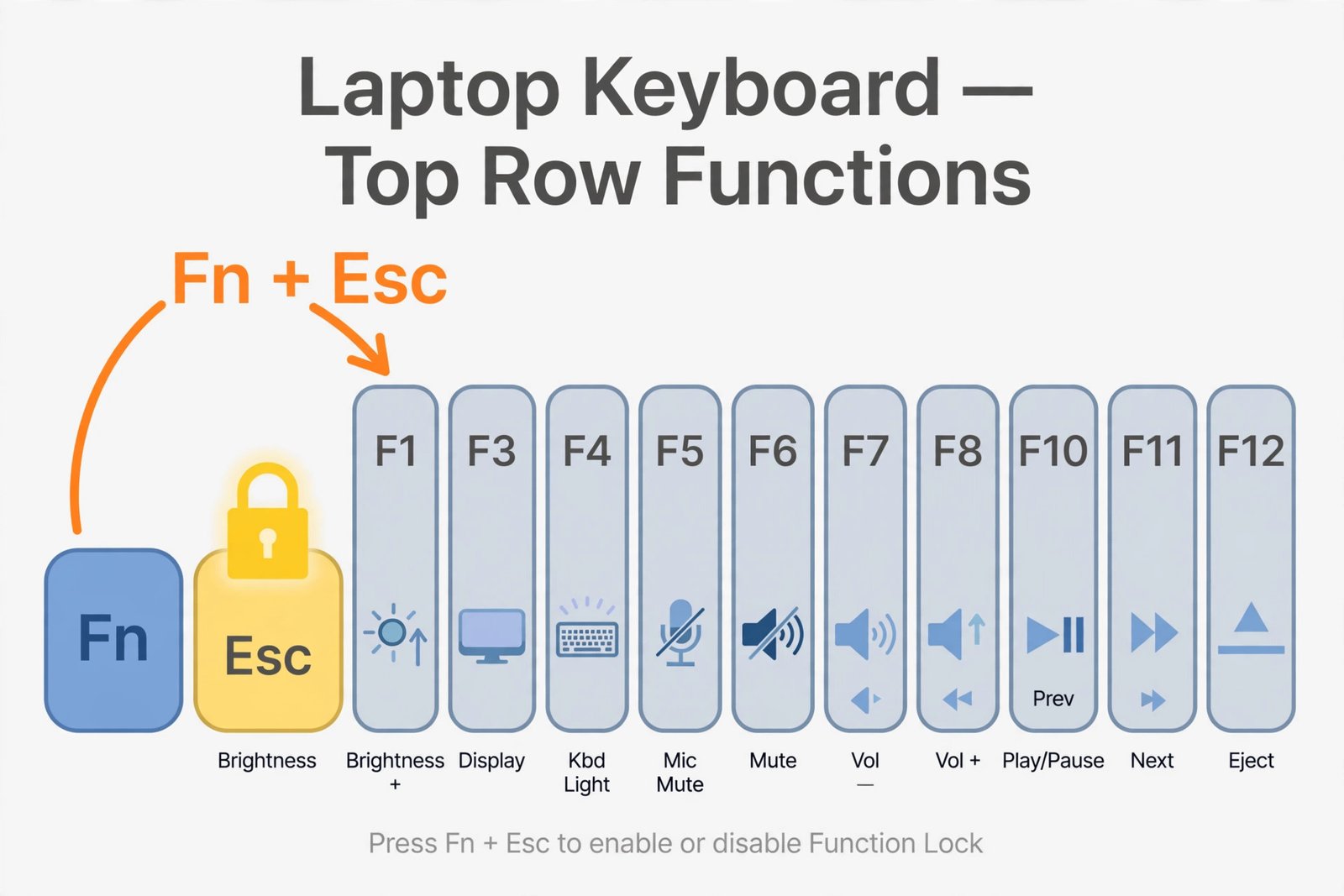Diagram of a laptop keyboard top row showing the Fn key, Esc key with lock icon, and media icons versus F1 to F12 labels