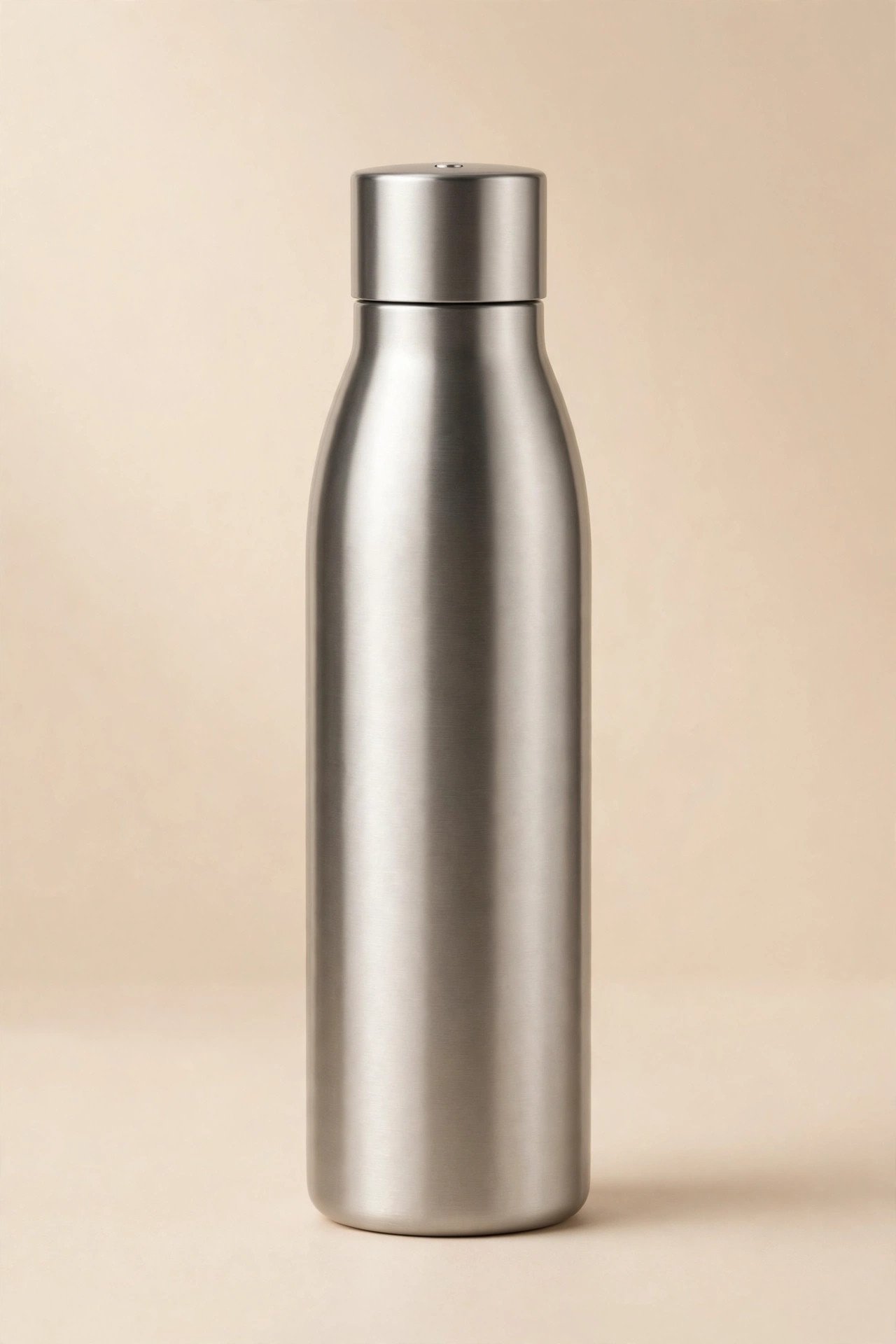 Sleek stainless steel self-cleaning water bottle with a minimalist cap