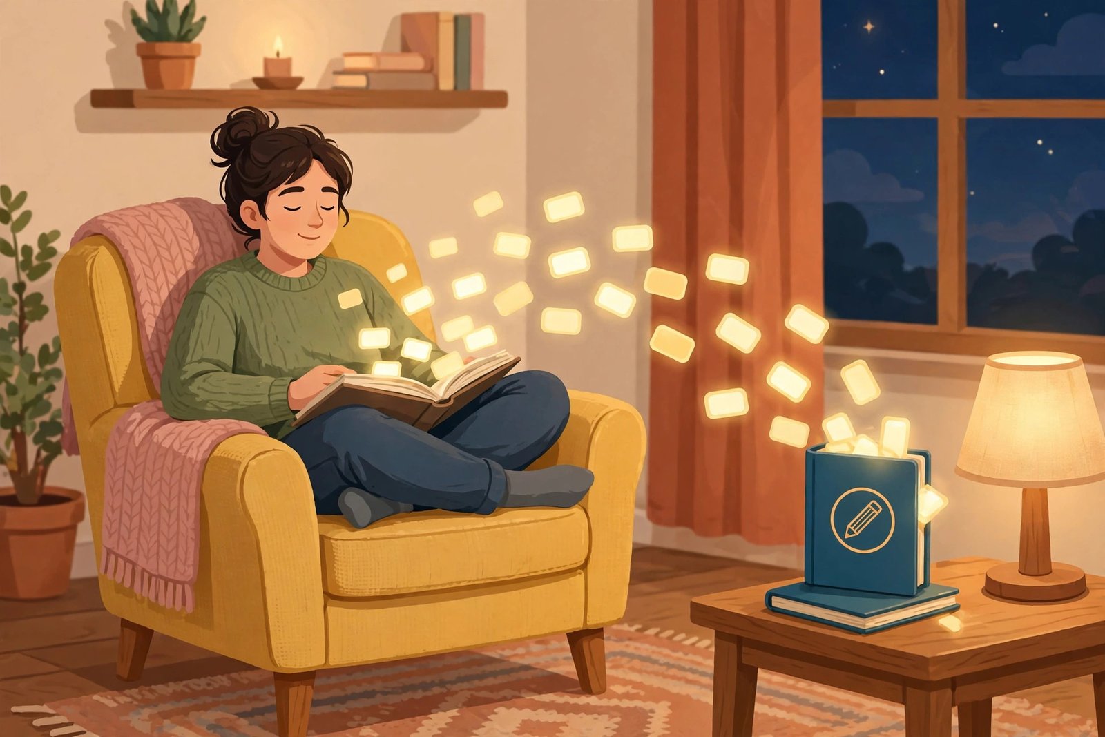 Person reading a book in an armchair with vocabulary words lifting off the page into a notebook