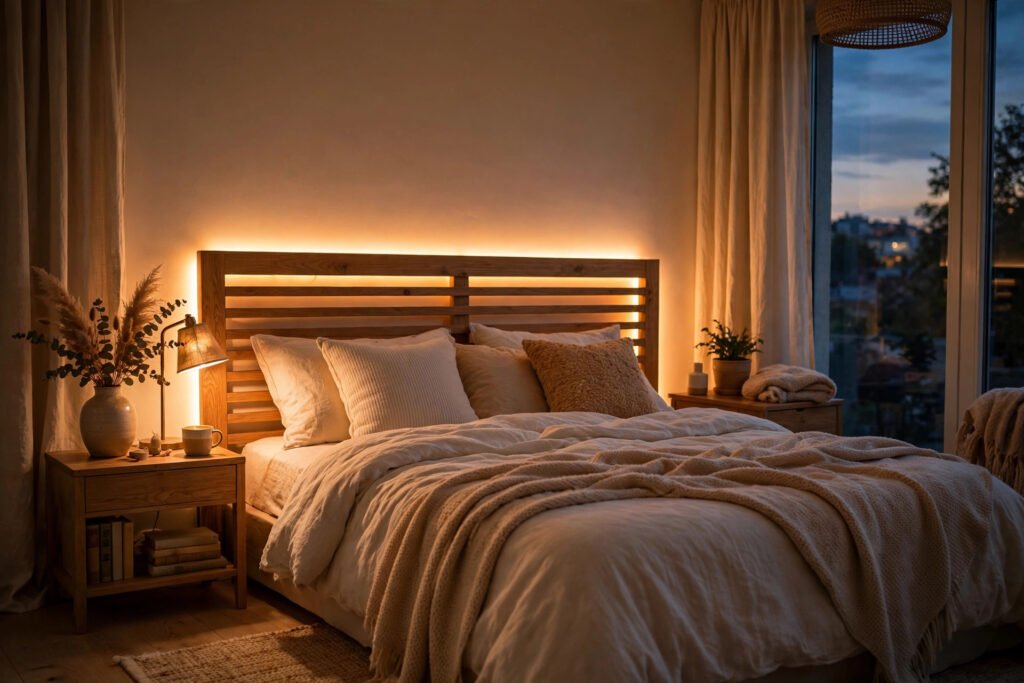 Bedroom with warm LED strip lights glowing behind the bed