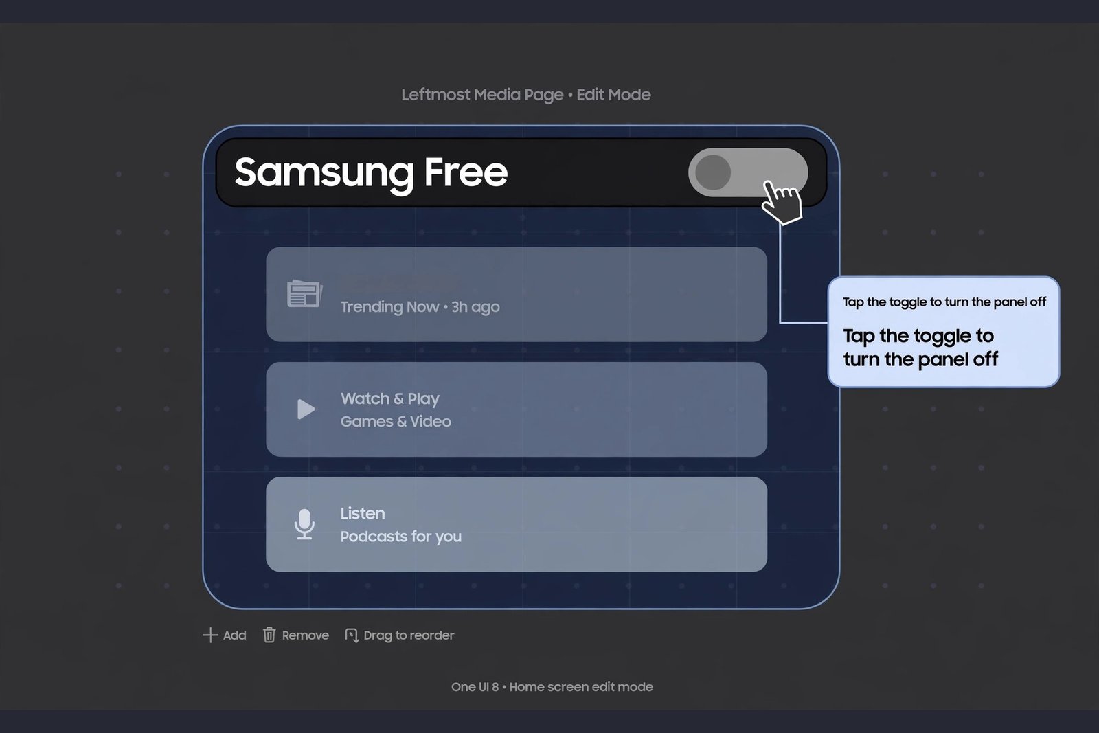 Diagram of the leftmost media panel on One UI 8 showing the Samsung Free toggle switched off