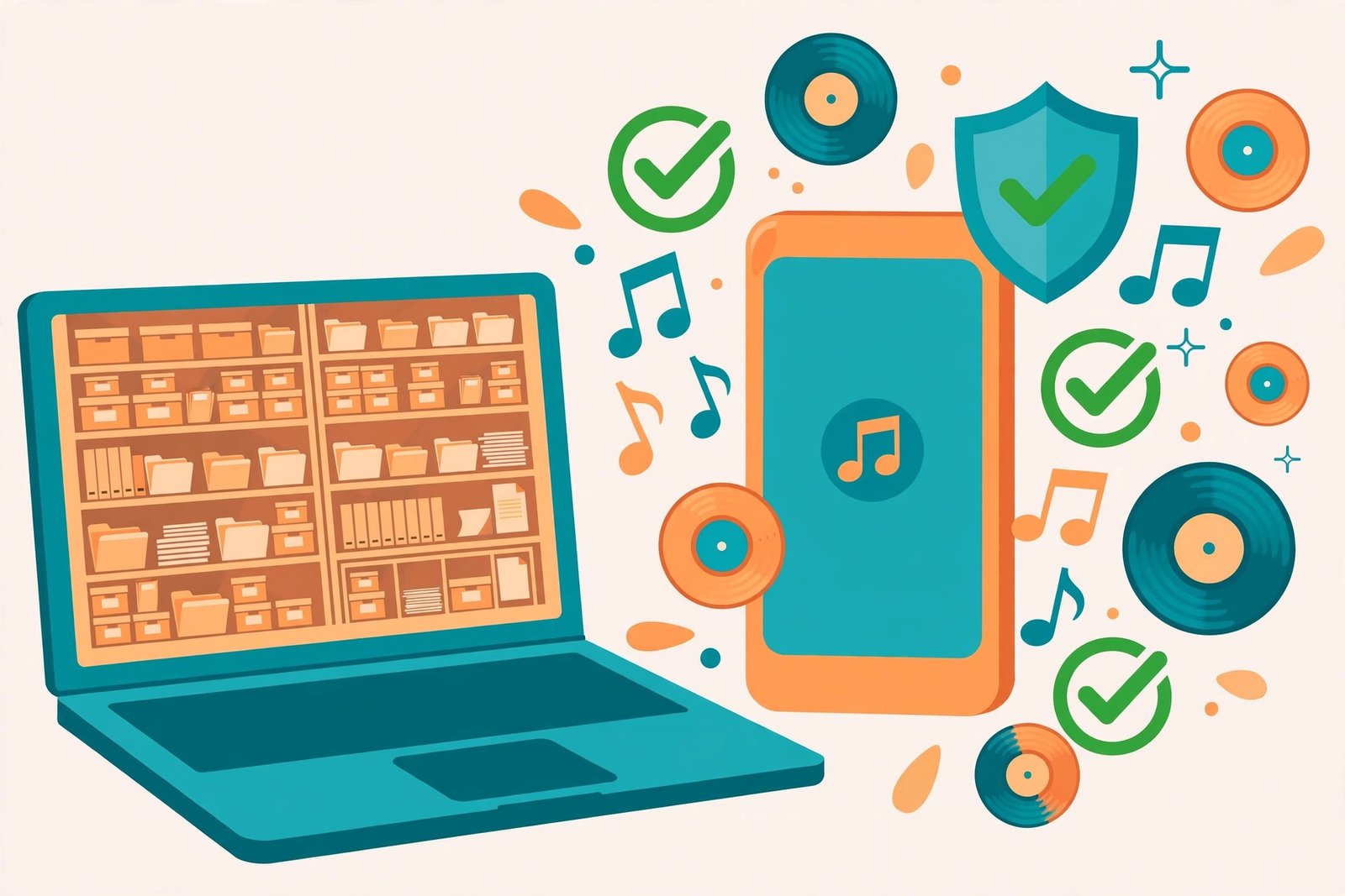 Smartphone surrounded by music notes and records with checkmark badges representing legal free music sources