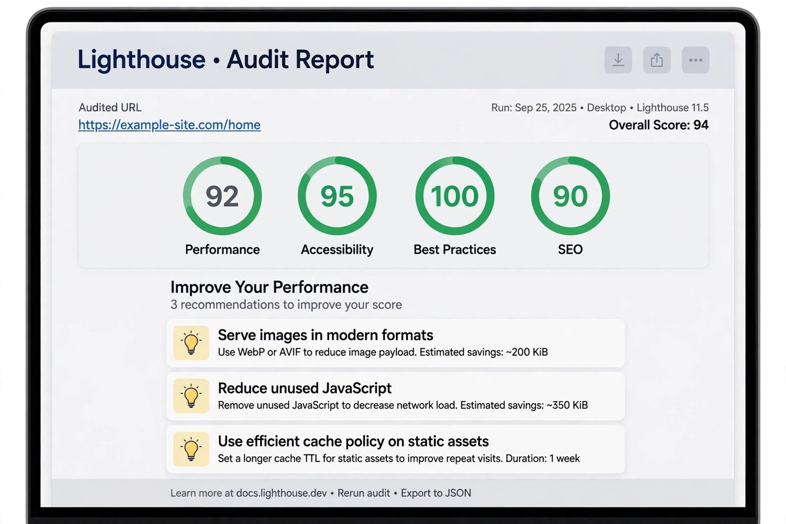 Lighthouse audit report showing performance accessibility and SEO scores for a website