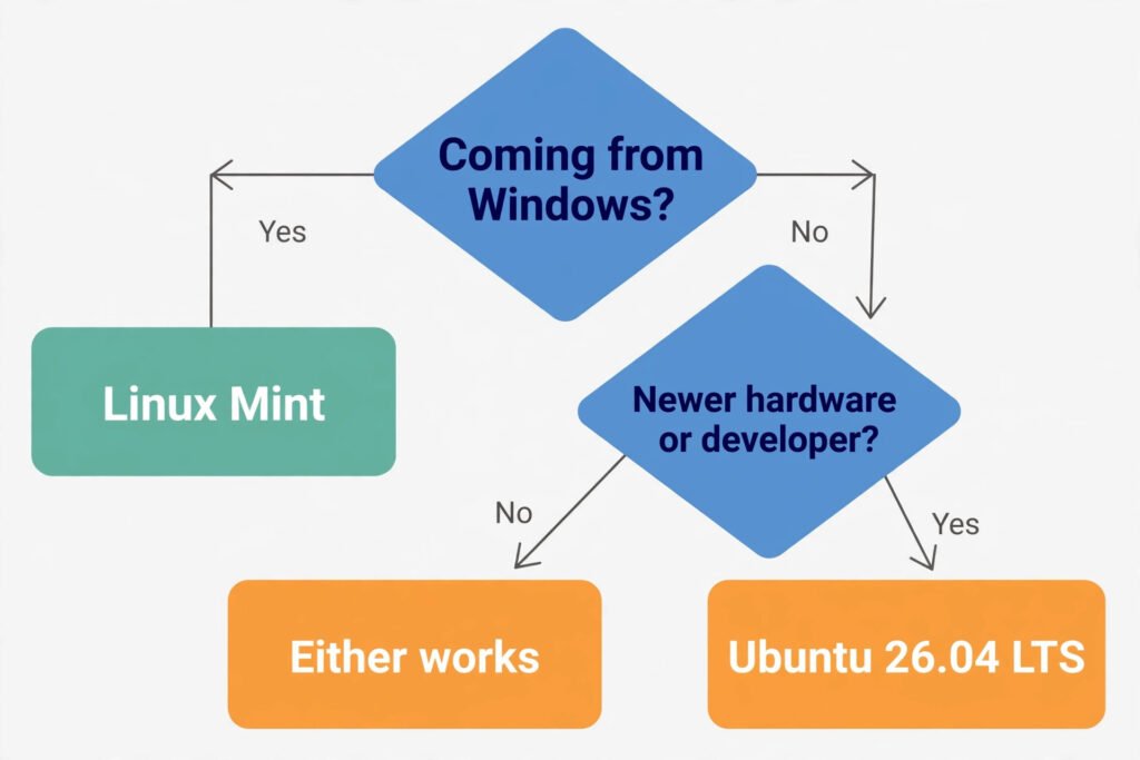 Decision flowchart for choosing between Linux Mint and Ubuntu: Windows switchers pick Mint, newer hardware or developers pick Ubuntu