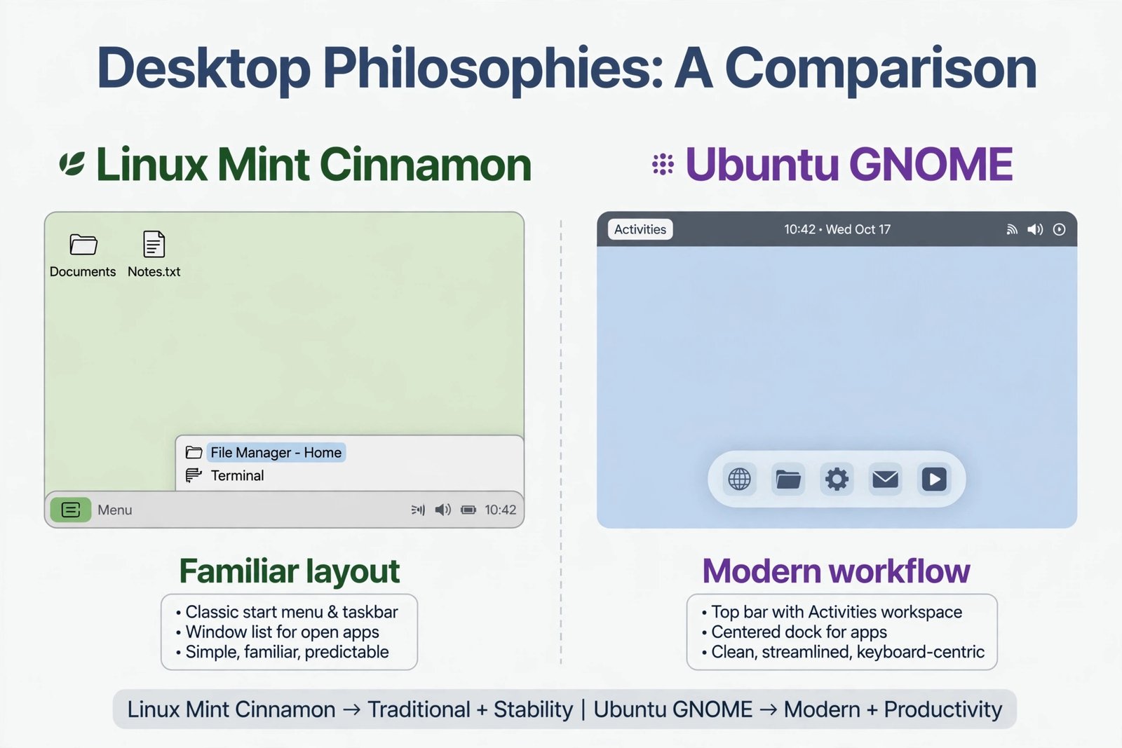 Side-by-side infographic comparing the Linux Mint Cinnamon desktop philosophy of a familiar layout against the Ubuntu GNOME philosophy of a modern workflow