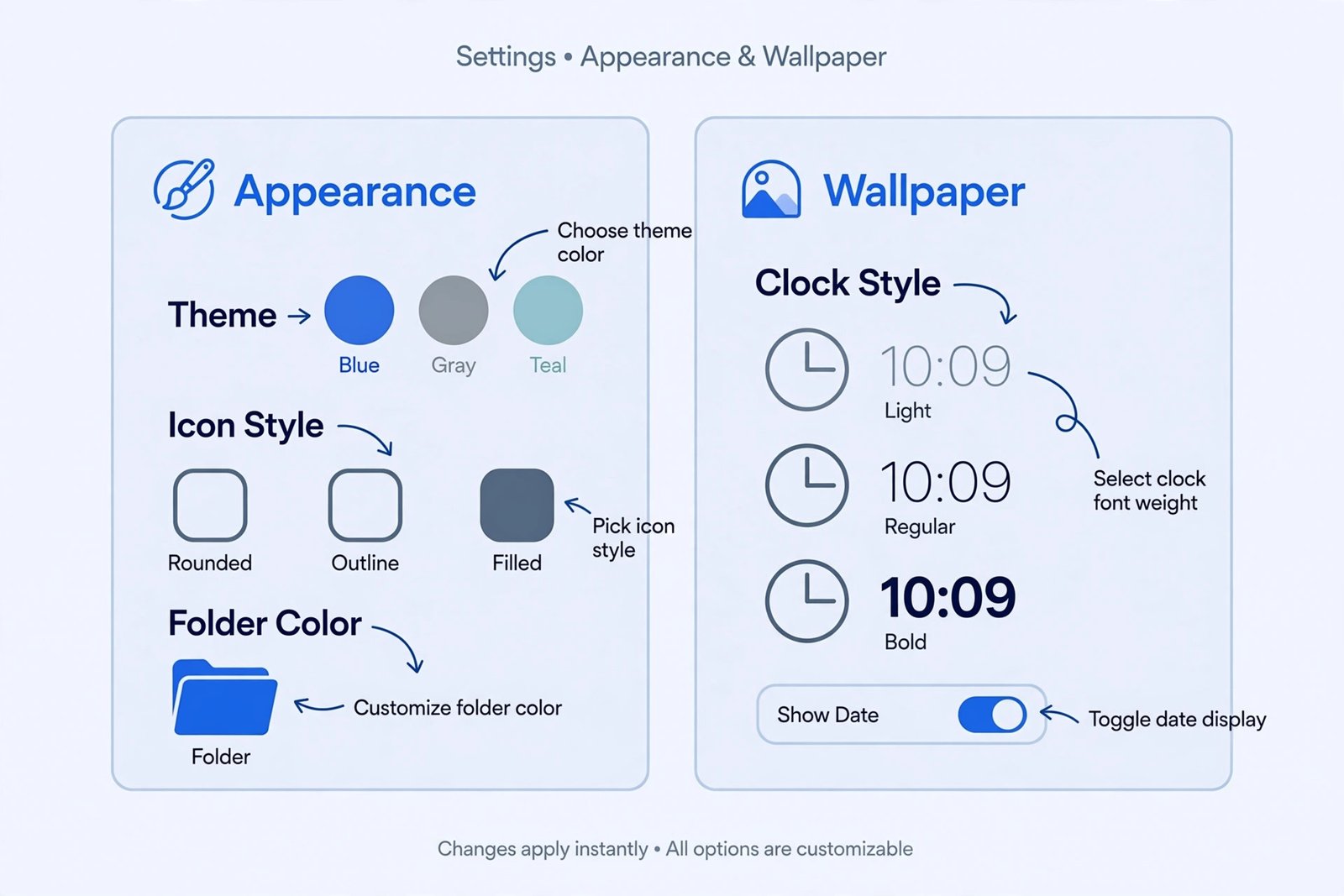 Annotated guide showing the Appearance and Wallpaper settings panels in macOS Tahoe for customizing look and lock screen clock