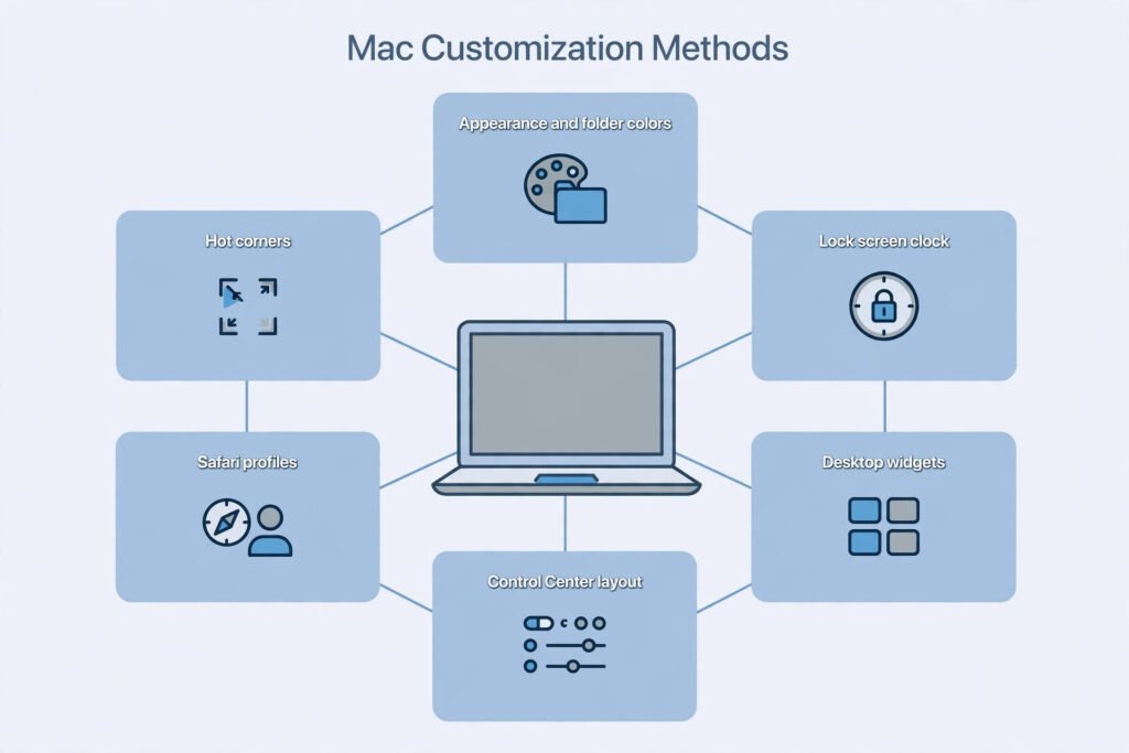 Overview diagram of the six Mac customization methods from fastest to most involved