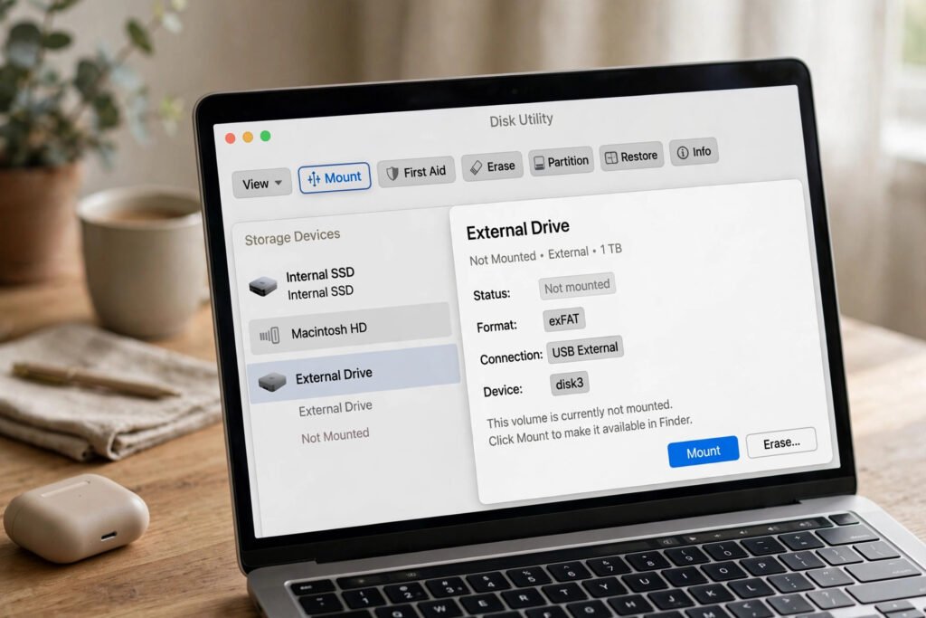 macOS Disk Utility window showing an external drive selected with the Mount button in the toolbar