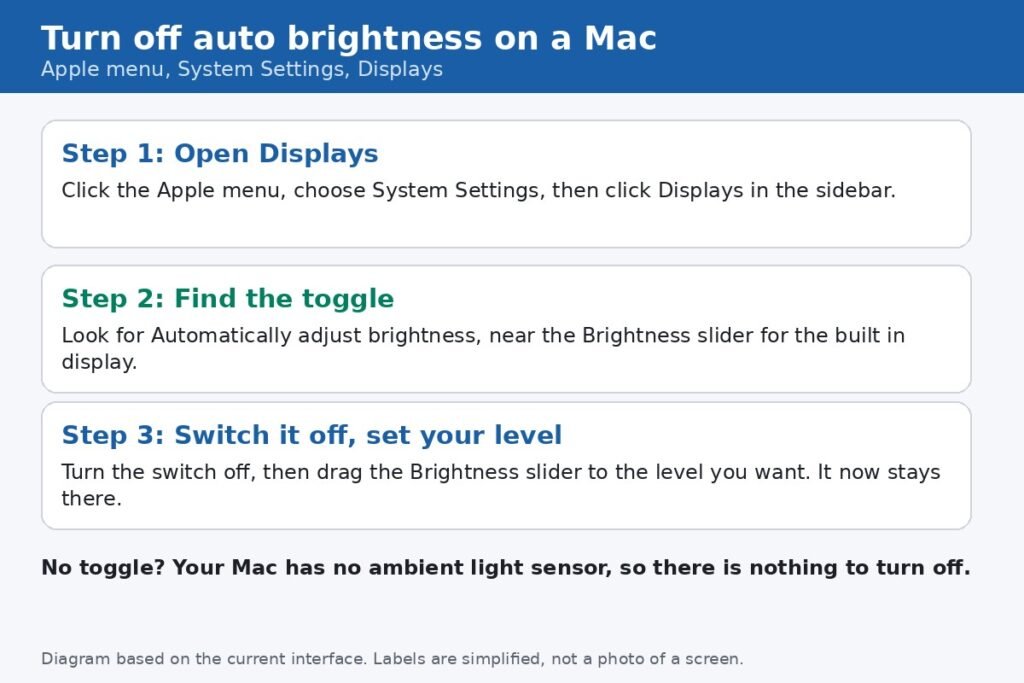 Diagram of the Mac Displays path to turn off auto brightness: Apple menu, System Settings, Displays, Automatically adjust brightness off, then set the Brightness slider
