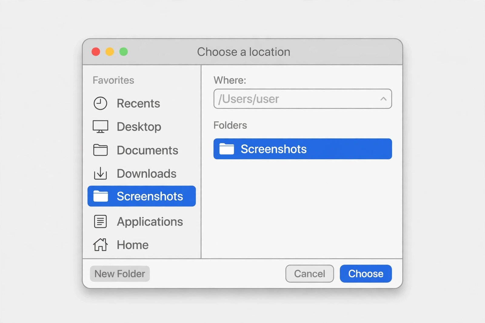Mac Finder folder chooser with a Screenshots folder highlighted and a Choose button at the bottom