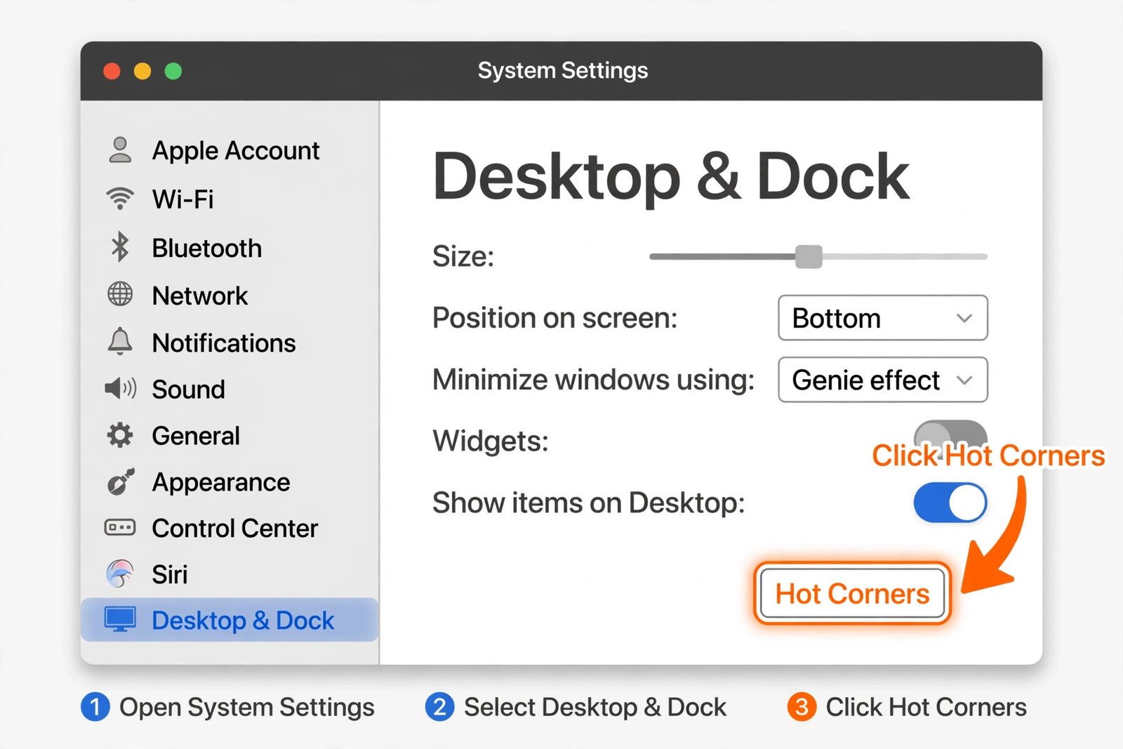 Diagram of the Hot Corners button in macOS 27 System Settings, Desktop and Dock pane
