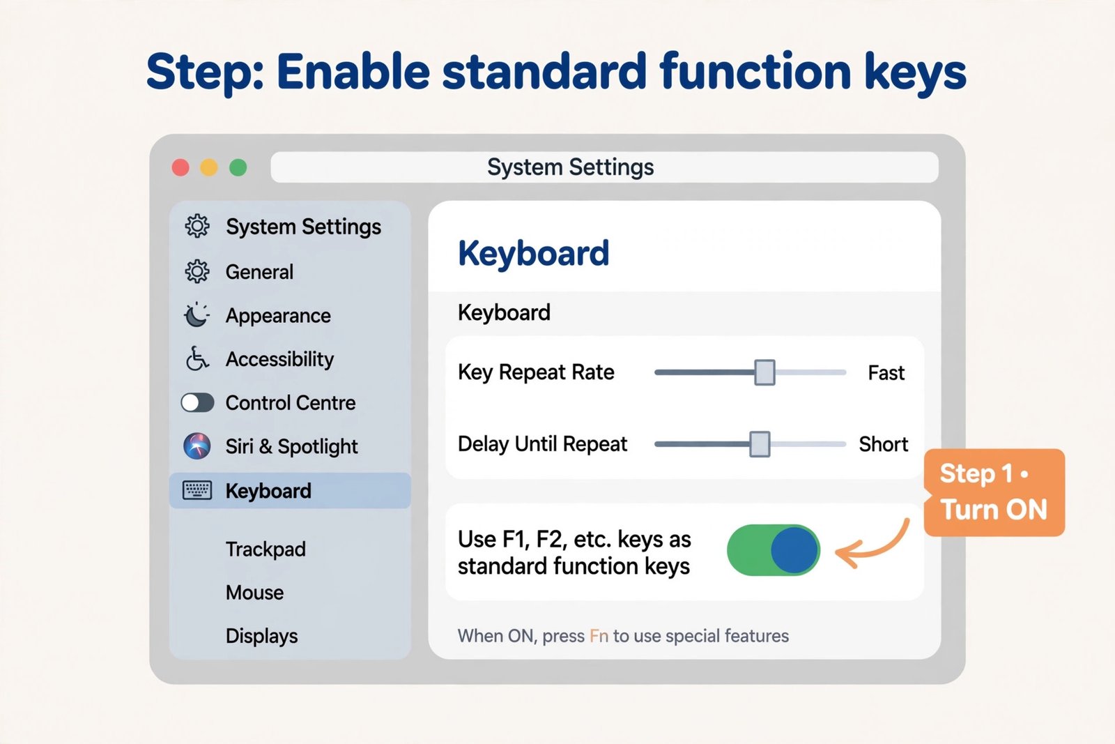 Illustrated macOS Keyboard settings showing the standard function keys toggle turned on
