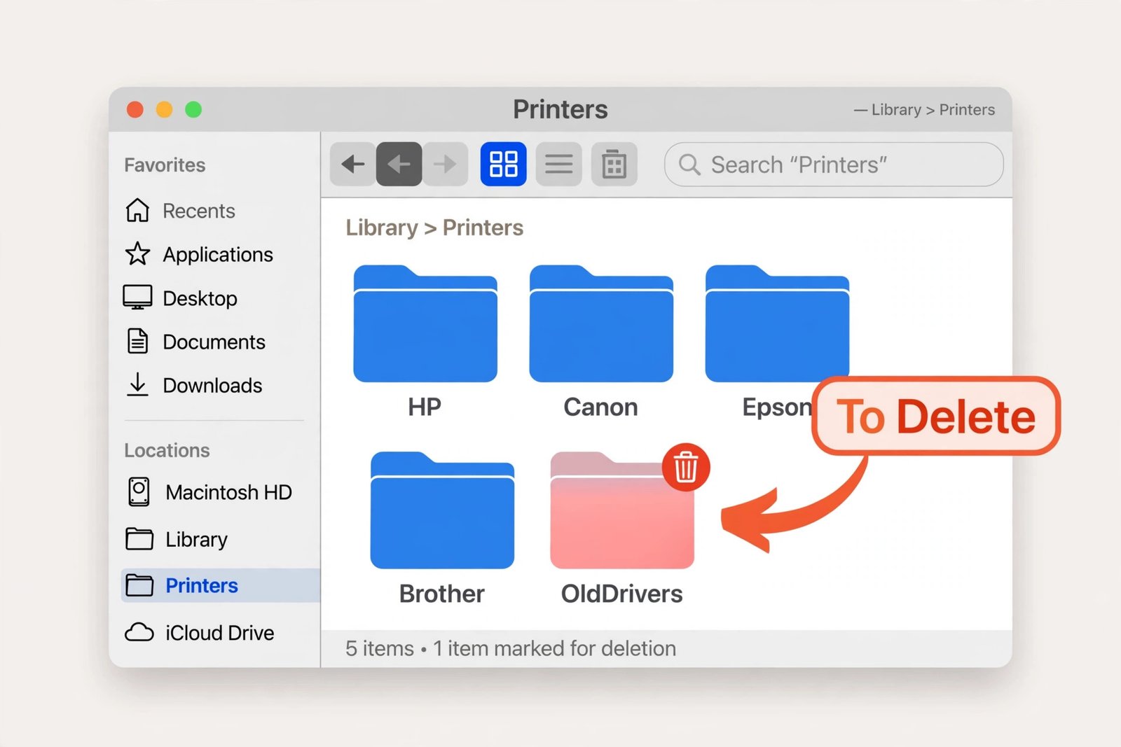 Illustrated Finder window showing the Library Printers folder with vendor driver folders inside
