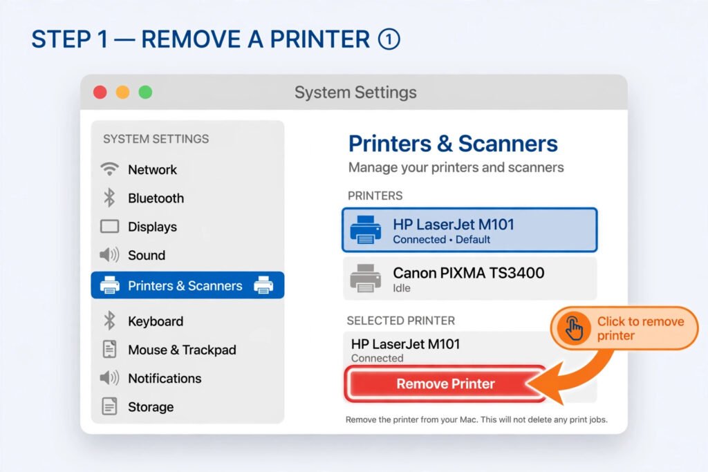Illustrated System Settings Printers and Scanners pane with a printer selected and the Remove Printer button visible