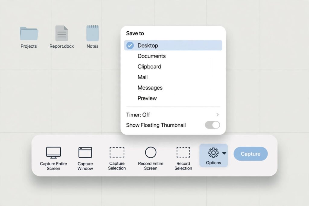 Mac Screenshot toolbar with the Options menu open showing the Save to list with Desktop selected