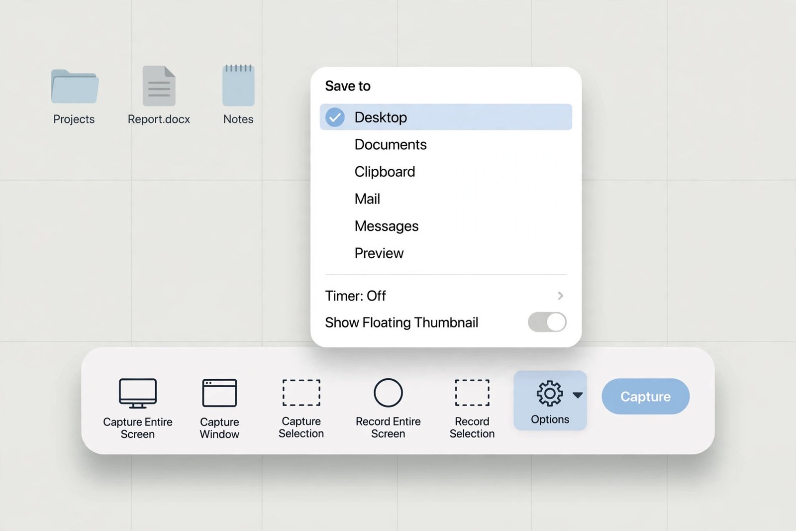 Mac Screenshot toolbar with the Options menu open showing the Save to list with Desktop selected