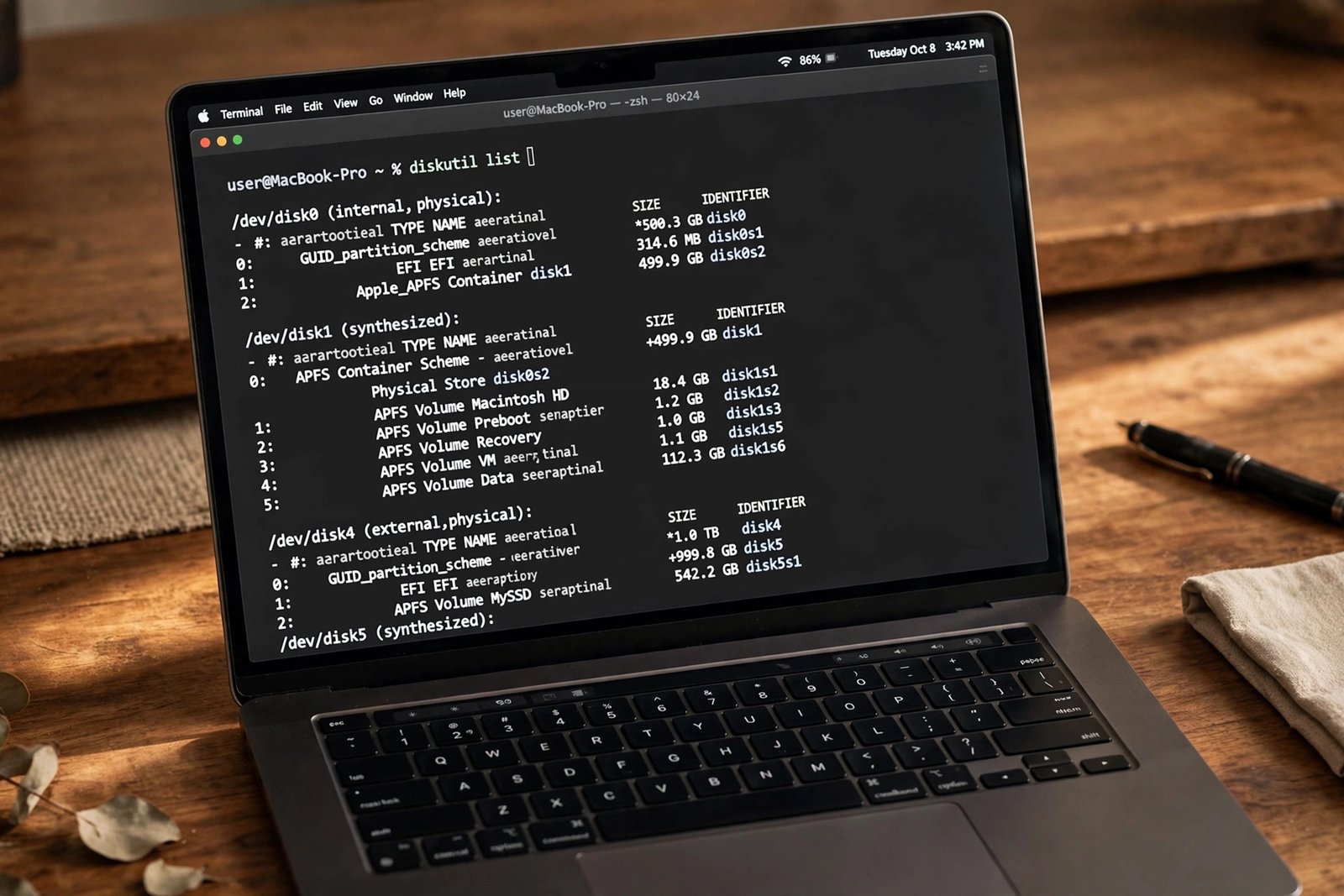 Mac Terminal window showing the diskutil list command output with external drive identifiers