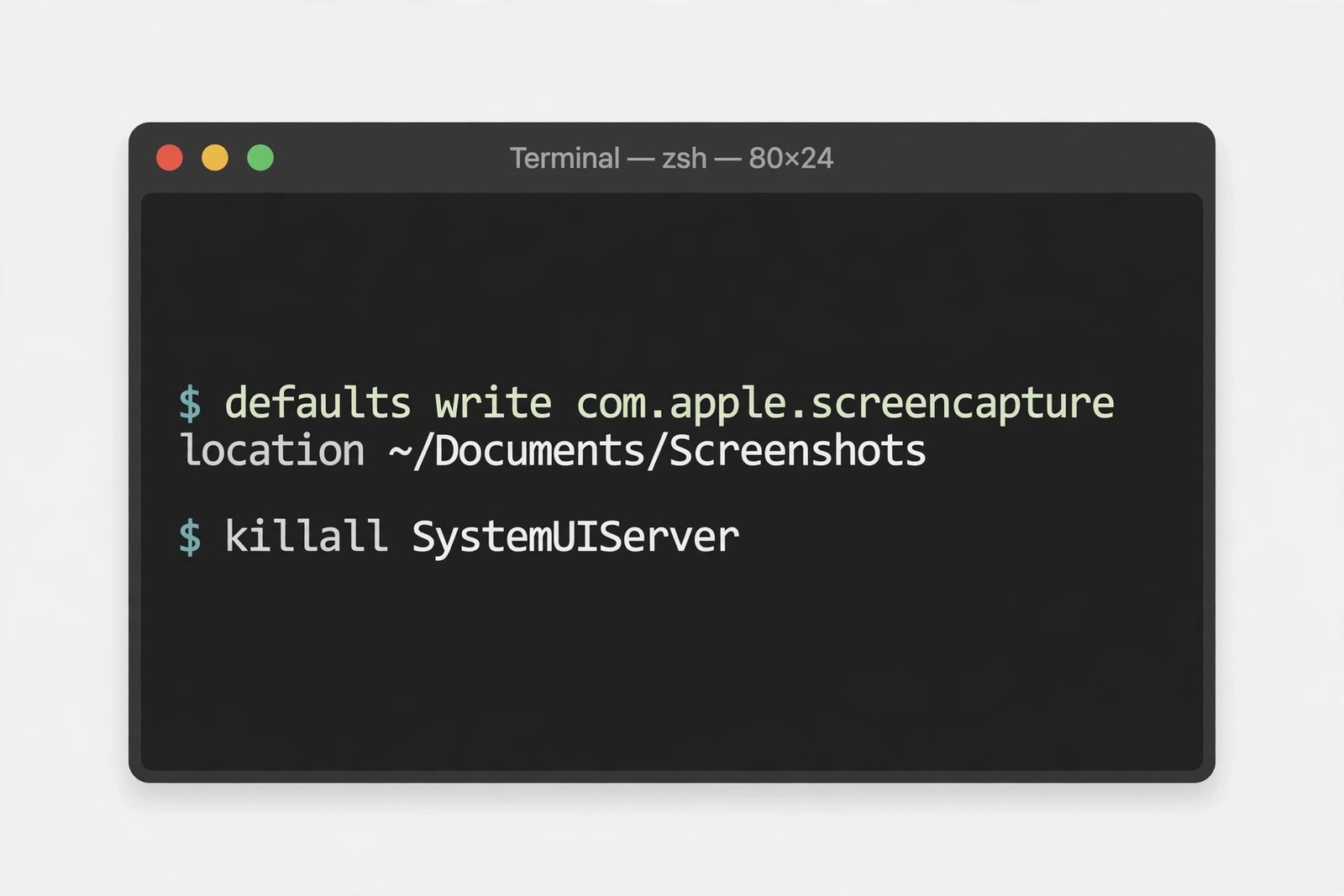 Mac Terminal window showing the defaults write com.apple.screencapture location command and killall SystemUIServer
