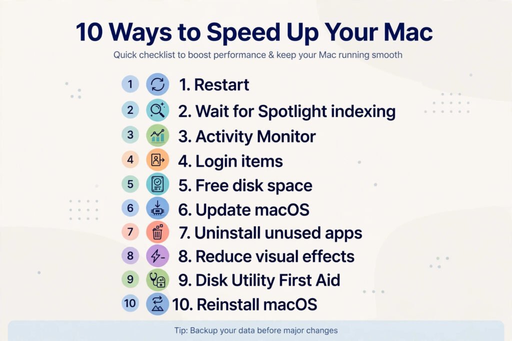 Infographic showing the ten most effective ways to speed up a Mac on macOS Tahoe