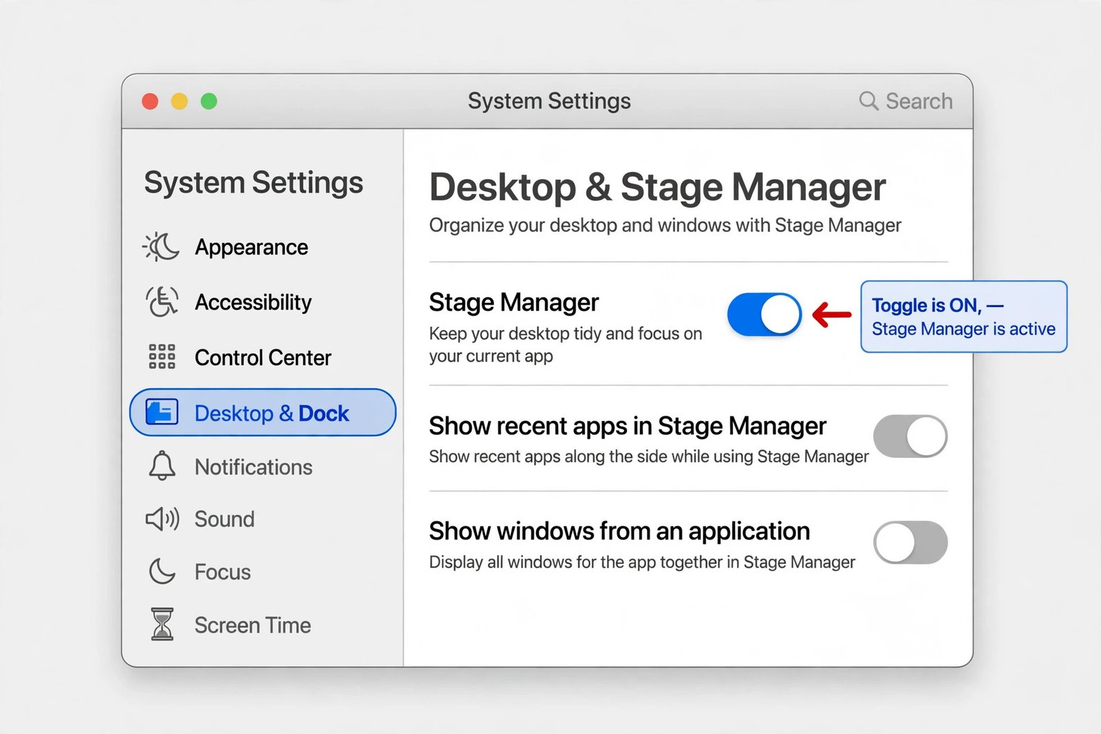 System Settings on Mac with Desktop and Dock selected in the sidebar, showing the Desktop and Stage Manager section with the Stage Manager toggle switched on