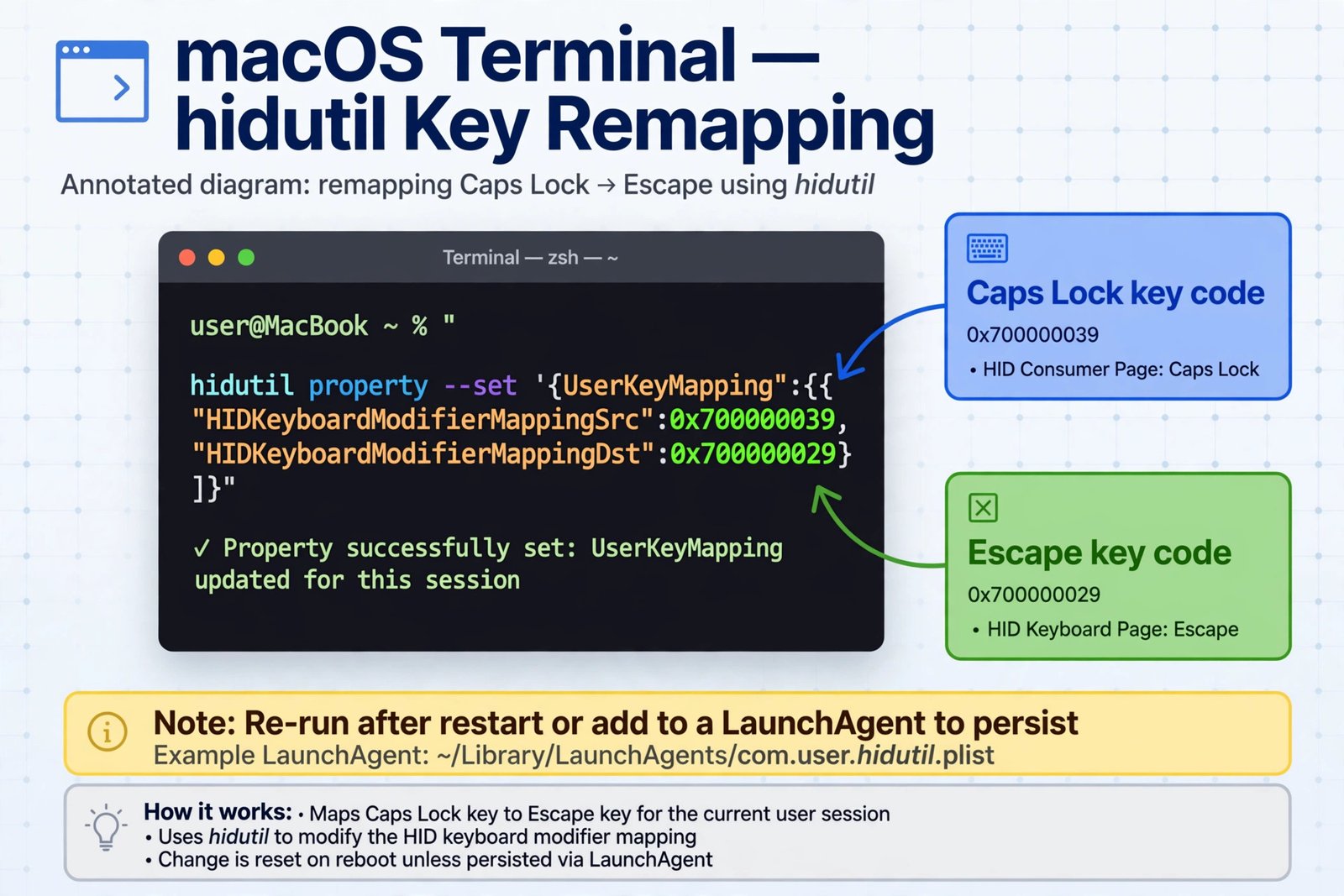 Diagram of a macOS Terminal window showing the hidutil command that remaps Caps Lock to Escape, with callouts identifying the Caps Lock and Escape key codes