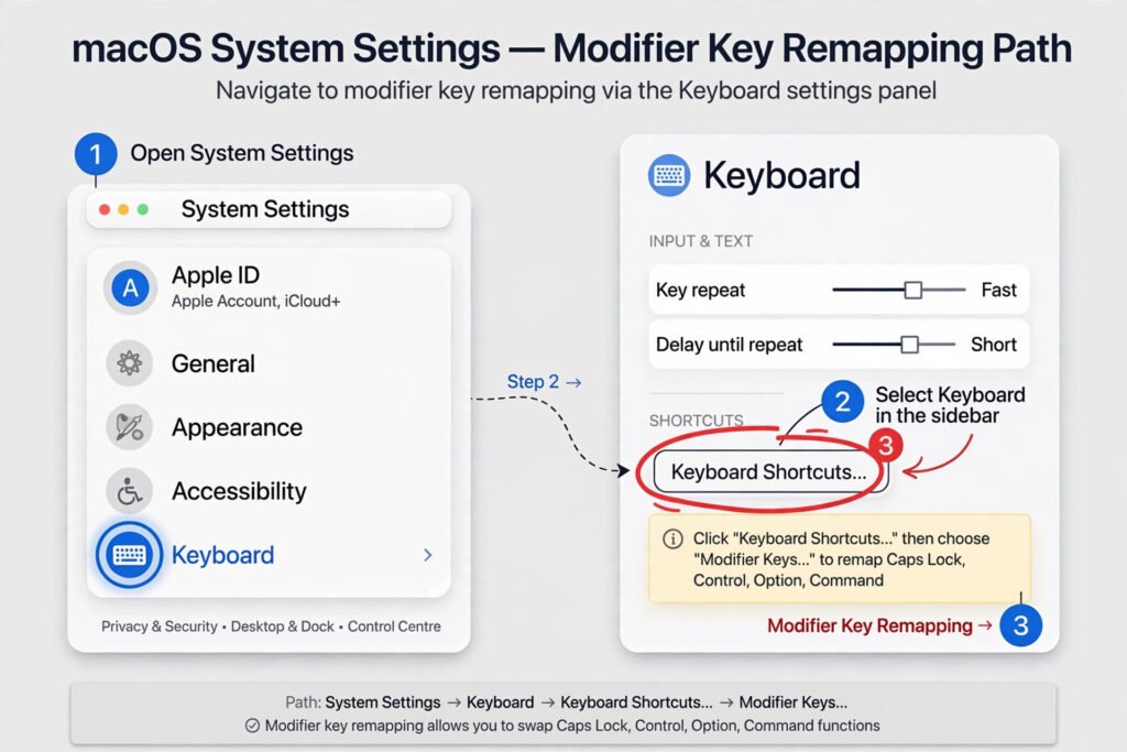 Diagram of the System Settings path: open System Settings, select Keyboard in the sidebar, then click the Keyboard Shortcuts button to reach modifier key remapping