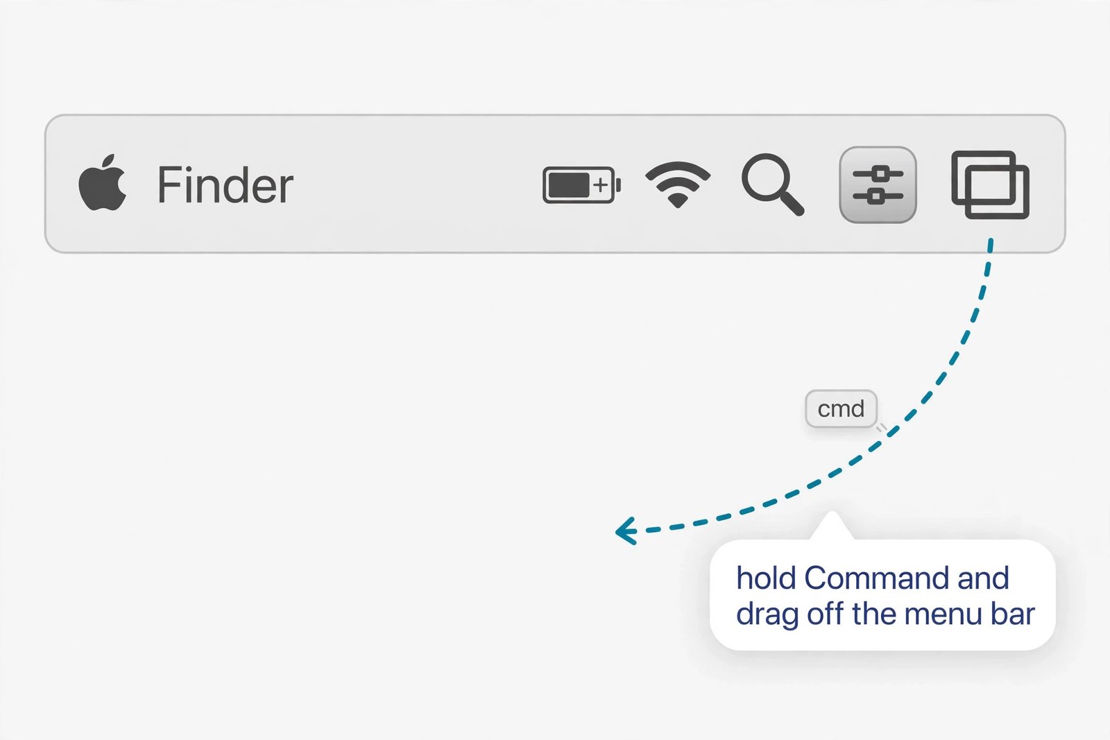 Mac menu bar with the Stage Manager icon highlighted, showing a dashed arrow dragging the icon off the bar while holding Command