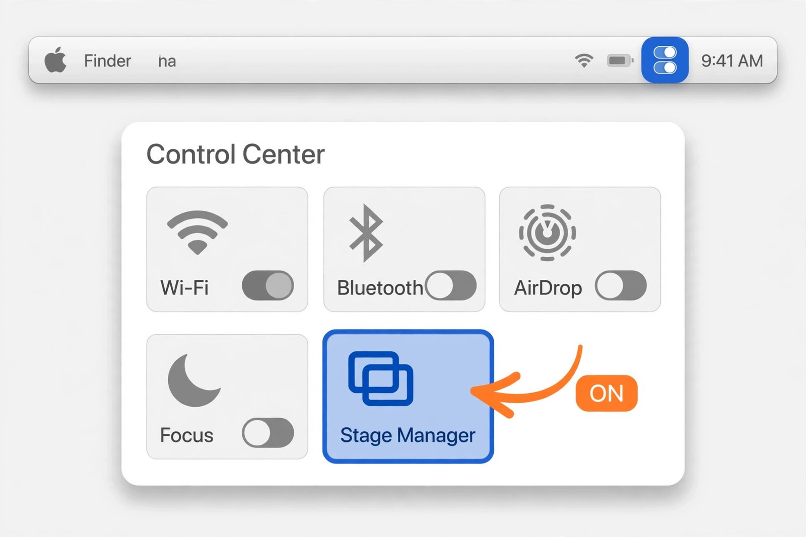 Mac Control Center panel open with the Stage Manager tile highlighted, an orange arrow and an ON label pointing at it